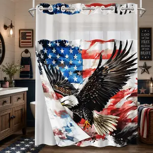 1 Pc Hookless Double Layer Shower Curtain, Patriotic Bald Eagle American Flag Print, Machine Washable Waterproof Mildew Resistant Fabric, 4th of July Home Bathroom Decor, Removable Snap-in Liner, Top See-Through Curtain, Bathroom Divider - 71"×74"