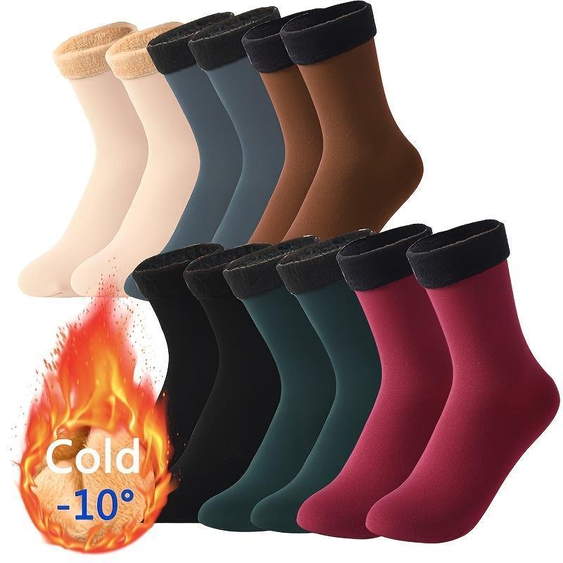 10pcs/5 Pairs Autumn Winter Socks for Women Thickened Fleece Lined Cold-Proof Warm Self-Heating Snow Socks Unisex Floor Socks Mid-Calf Length Cold-10°