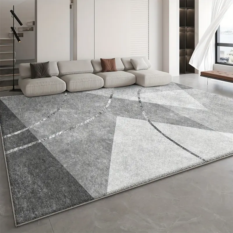 Modern Gray Geometric Abstract Area Rug, Thin Lightweight Flannel Carpet for Living Room Bedroom, No Adhesive Non-Slip Backing, Minimalist Grey Triangle Curve Floor Mat, Slight Screen Color Difference May Exist, Check Exact Size Chart Before Purchase