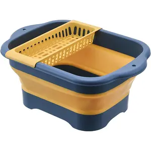 2.98 Gallon (11.28L) Collapsible Dish Basin with Drain Plug, Outdoor Multiuse Foldable Sink Tub, Dishpan, Wash Basin, Portable Kitchen Storage Tray  Camping, RV, Beverage Bucket (Yellow)