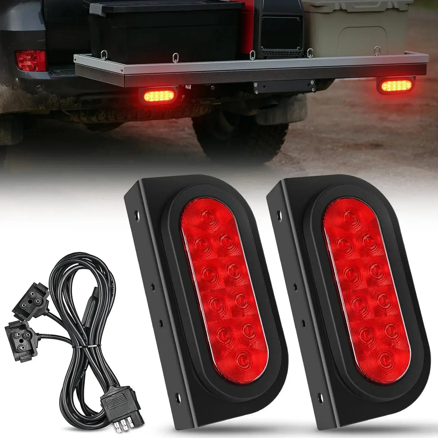 Nilight 6 in Oval Red LED Tail Lights for Trucks, Cargo Trailers, Hitch Cargo Carriers - Aluminum PCB, Easy Install, Flush Mount Grommets, Wire Harness (Oval Pair)