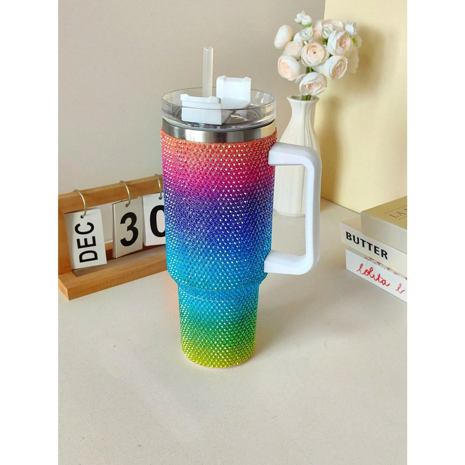 40 oz Tumbler Shape Stylish Bling Rhinestone Tumbler - Single Unit Double-Wall Vacuum Insulated Stainless Steel Flask with Lid, Outdoor Coffee Mug, Bridesmaid Gift for Women, US Local Warehouse