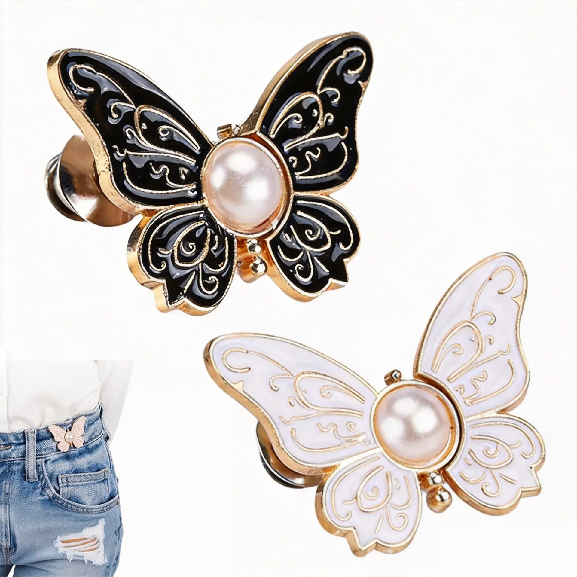 2 Sets Pant Waist Tightener, Detachable Butterfly Clips Jean Buttons for Loose Jeans, Adjustable Waist Buckle Sets No Sew and No Tools Decorative Butterfly Waist Buckles, Jean Buttons Pins Decorative Element