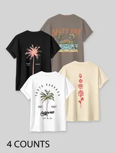 Men's Palm Tree & Letter Print Tropical Tee, Loose-Fit Casual Beach Club Streetwear, Round Neck Short Sleeve T-Shirt for Summer, Daily Wear Menswear