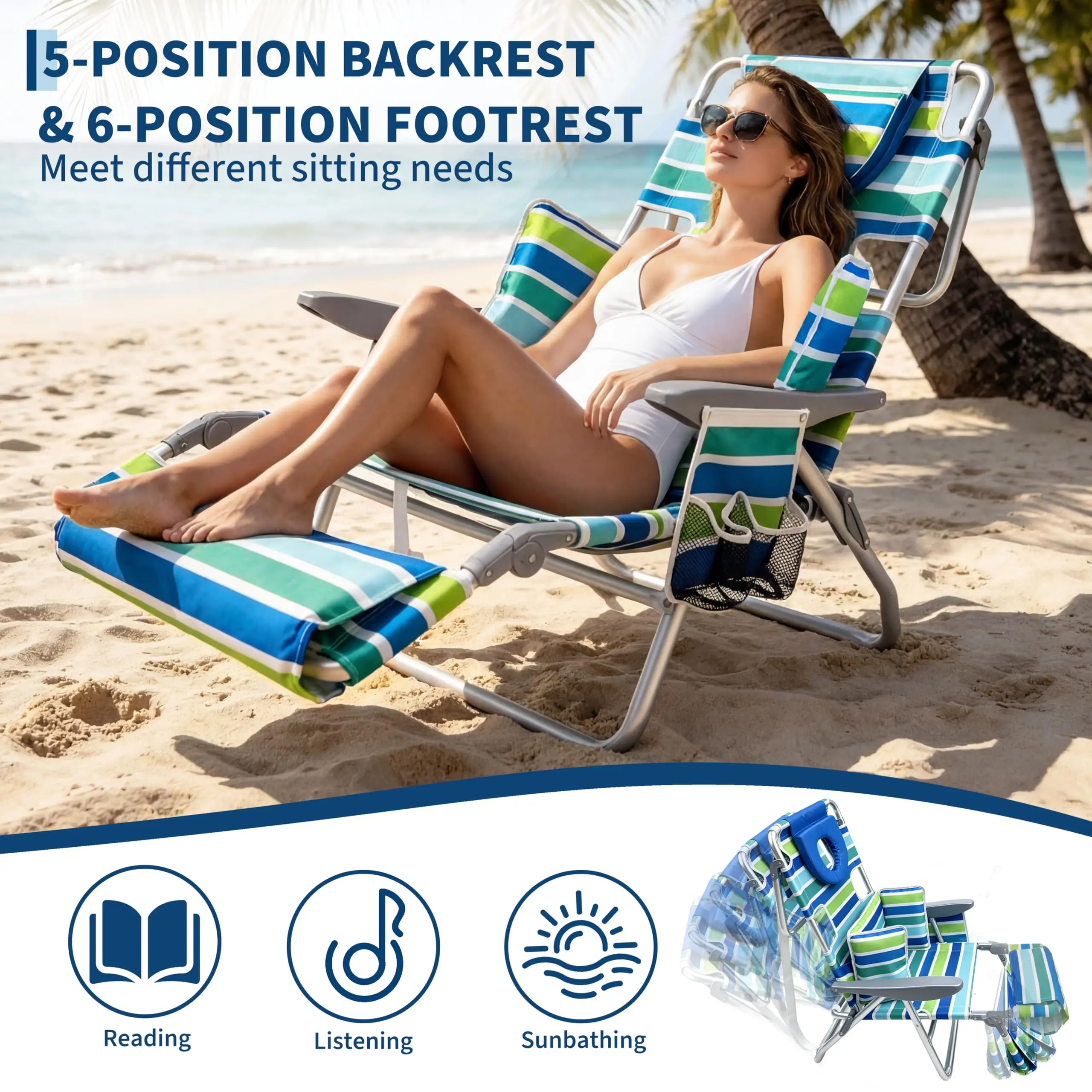 Aluminum 3-in-1 Folding Portable Sunbathing Chaise Lounge Backpack - Outdoor Seating, Beach Chairs, 5 Reclining Positions, Full-lay Flat, Adjustable Footrest, Camping Cot, Pillow, Cup Holder, Towel Bar, Phone Pouch, 330lbs Cap for Adults