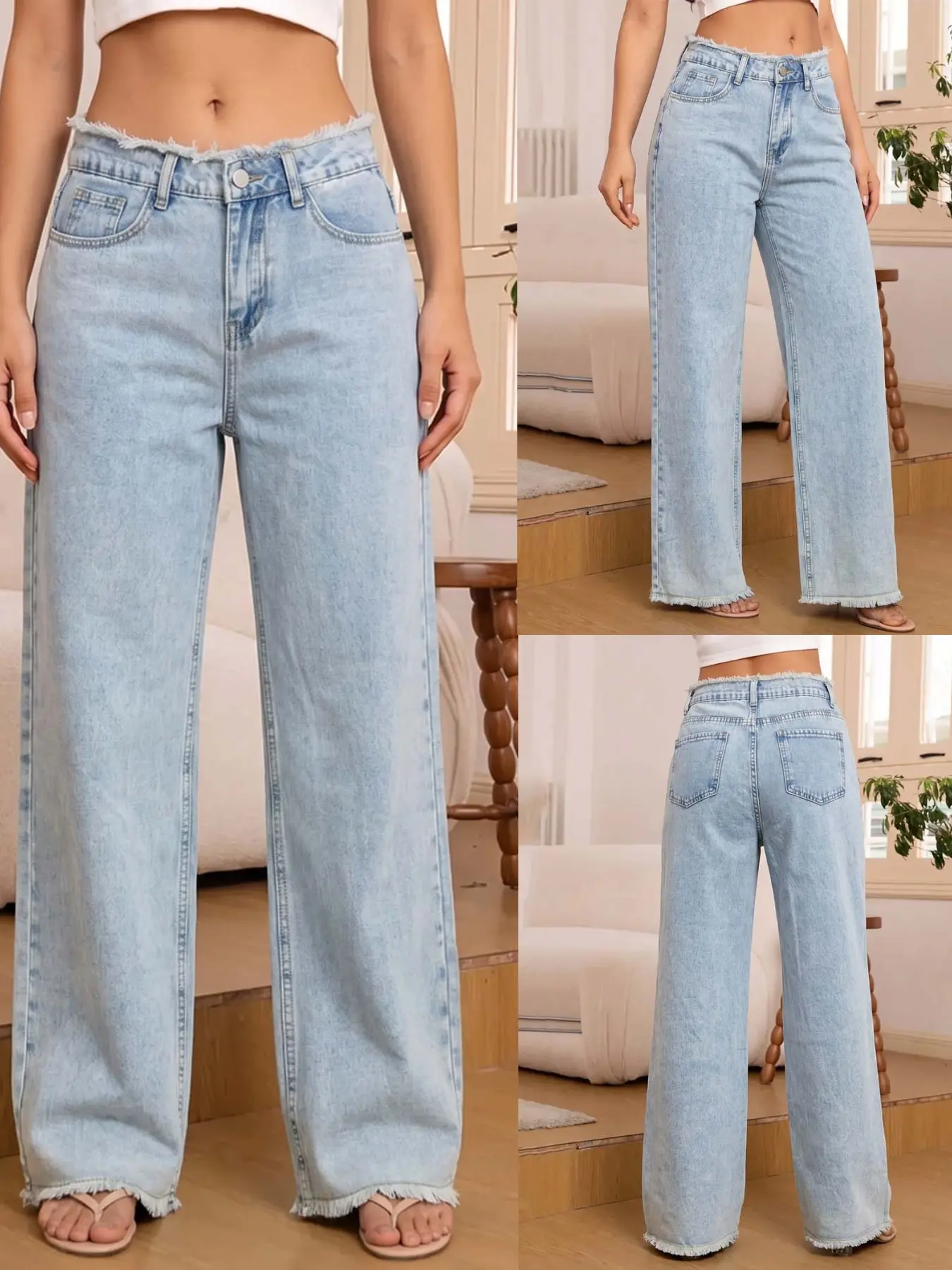 Chic Light Blue Acid-Wash Wide Leg Jeans, Frayed Edge Design, Pocket Detail, Casual Everyday All-Season Wear, Versatile and Stylish