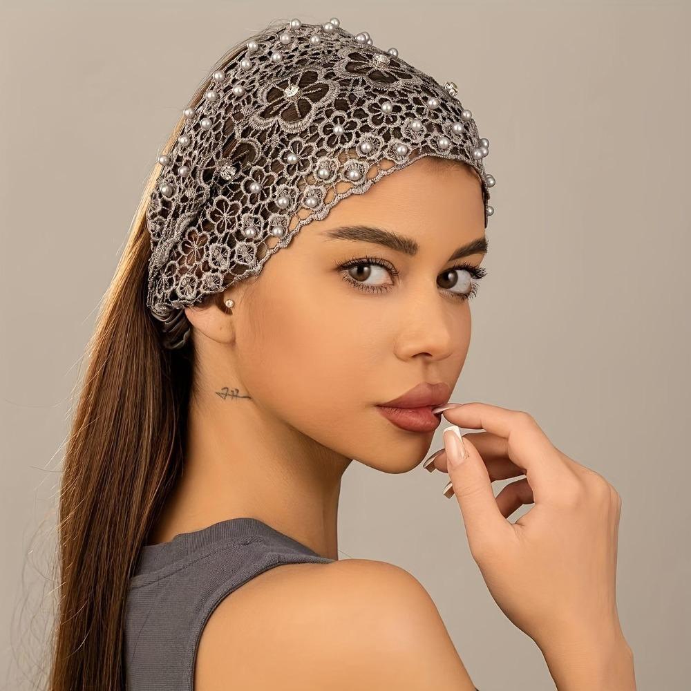 4-Pack Boho Lace Headbands with Faux Pearls, Wide Hollow Hair Wraps, Vintage Stretch Beaded Hair Accessories for Women