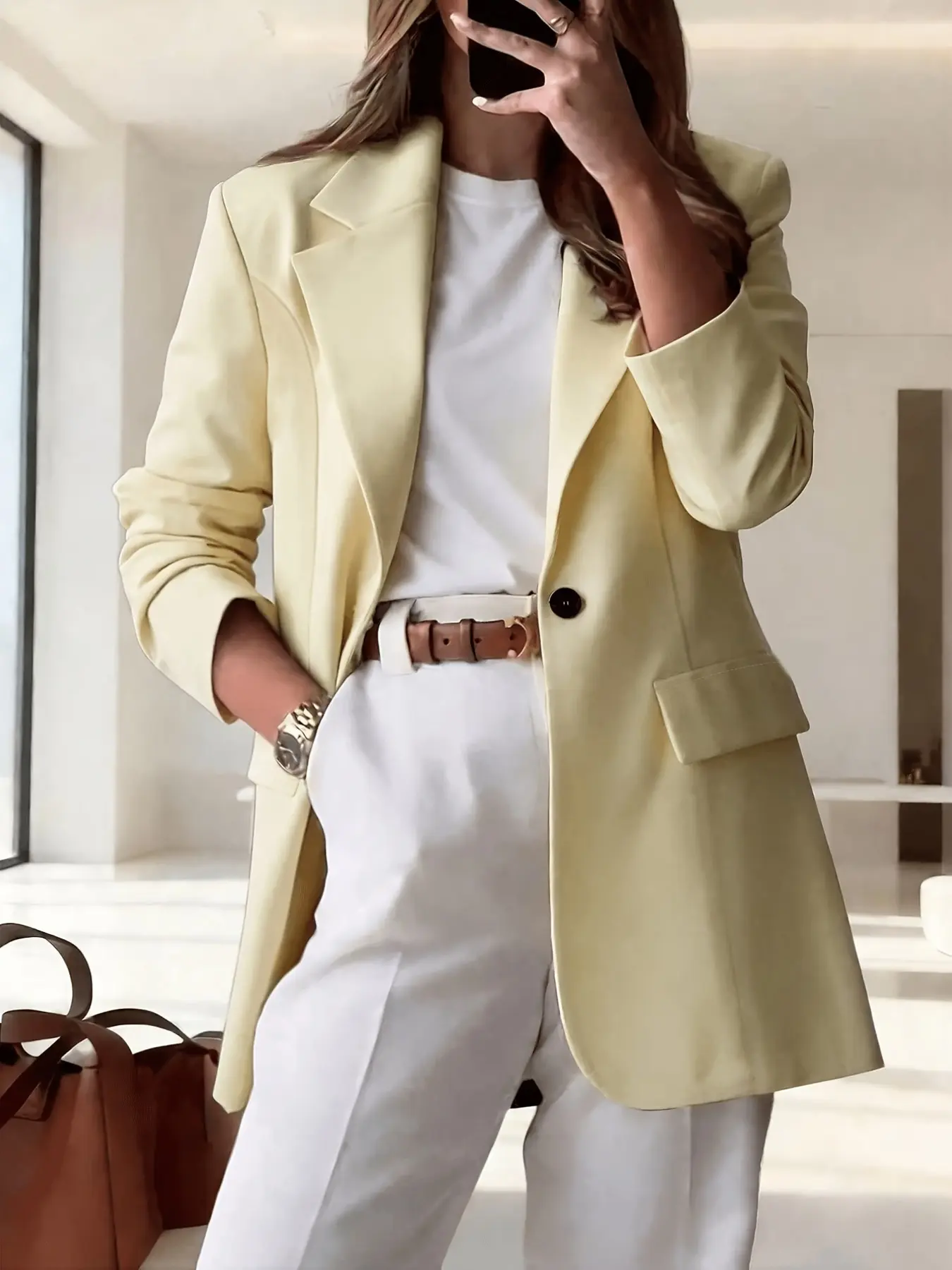 Women's Casual Blazer Jacket, Single Button, Notched Lapel, Drop Shoulder, Mid-Length, Commuter Style, Minimalist, Lightweight Fabric, Spring/summer