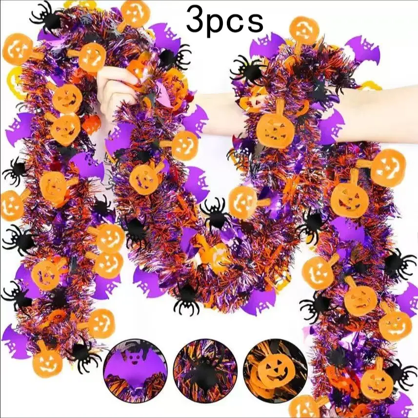 3pcs Halloween Ribbon Decorations, Pumpkin, Spider, Bat Patterns, Shiny Metal Twist Ribbons for Home, Trees, Indoor Outdoor Parties