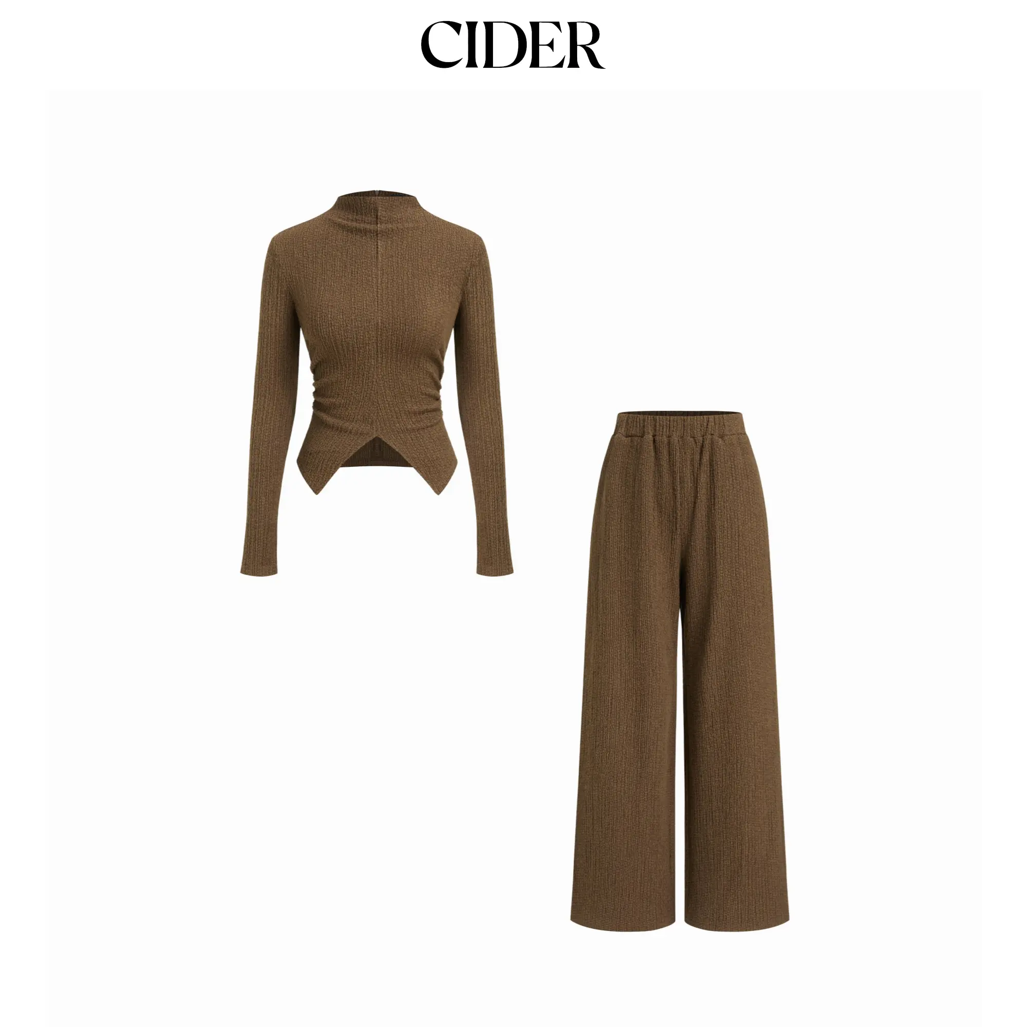 Cider Cotton-blend High Neck Asymmetrical Hem Top & Mid Rise Straight Leg Trousers Set