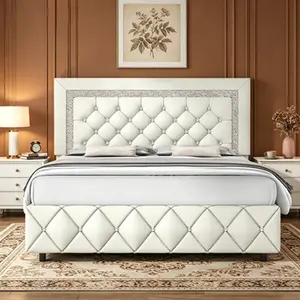 Diamond Upholstered Bed Frame, Headboard & Footboard, Twin to King, 7 Assorted Colors for Bedroom