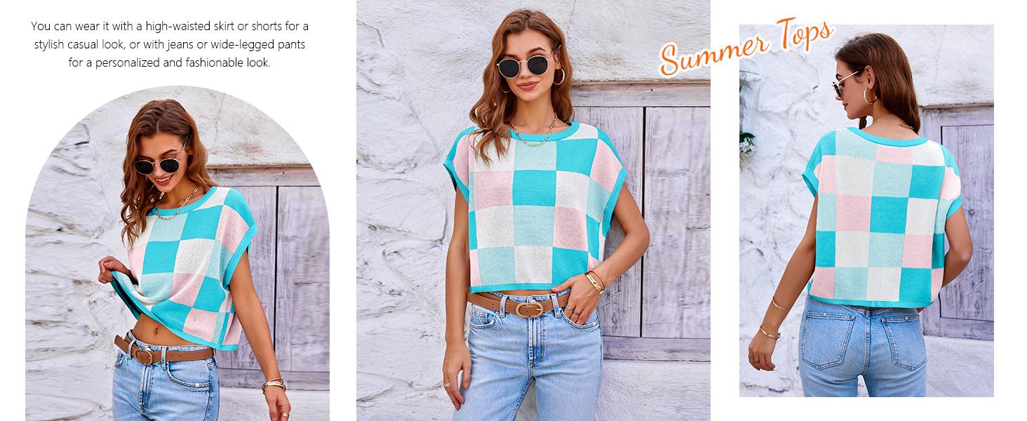 Saodimallsu Womens Cap Sleeve Crop Tops Summer Color Block Going Out Crew Neck Knit Trendy Casual Sweater