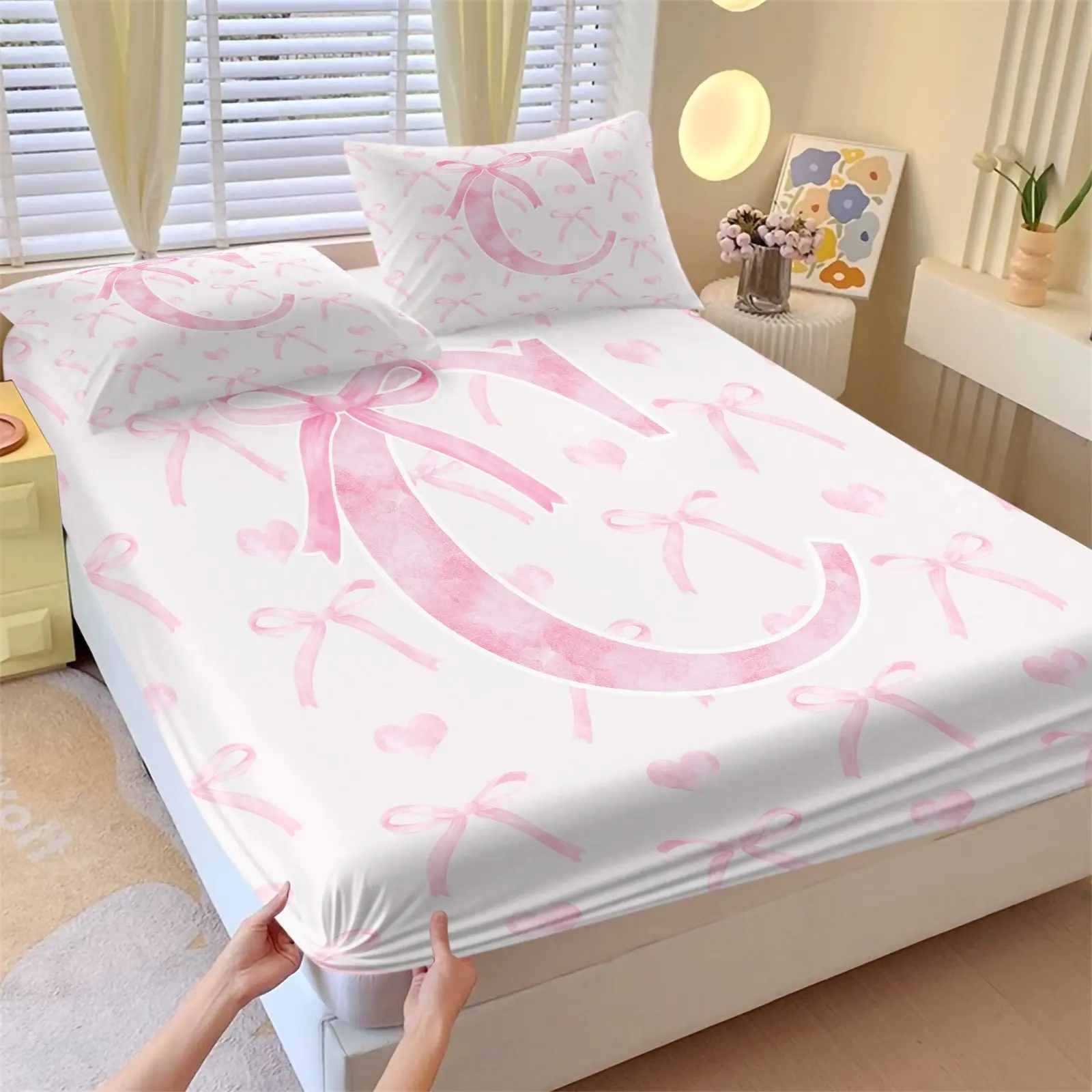 3 Pieces Letter C Watercolor Pink Bow & Heart Print Fitted Sheet Set, 1 Fitted Sheet + 2 Pillowcases, Ultra Soft Comfortable Breathable Fabric, Deep Pocket Non-Slip Wrinkle Resistant Mattress Protector For Single & Double Beds