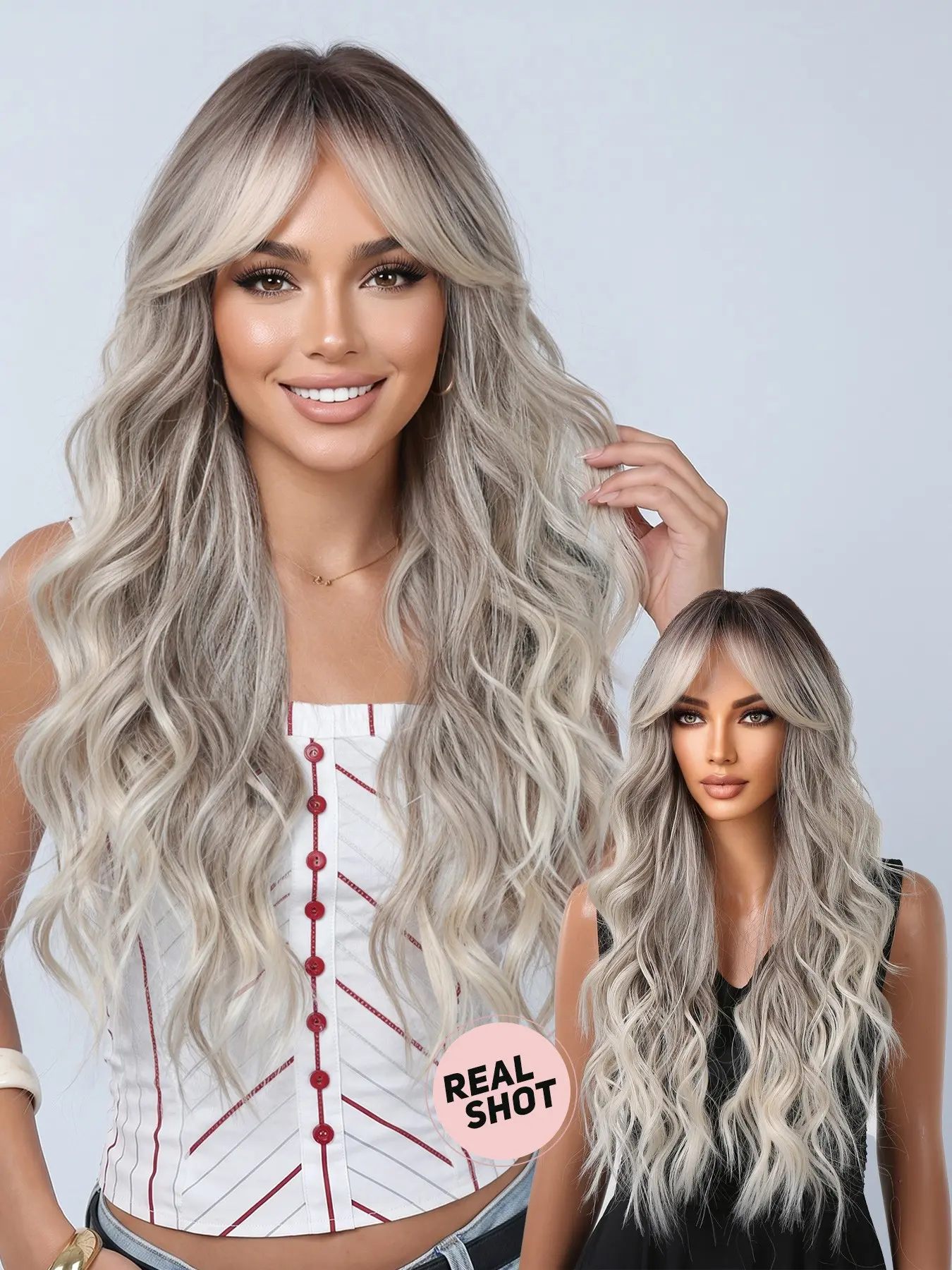 26-Inch Heat-Resistant Synthetic Wig, Lazy French Long Waves, Women's Daily Wear, Party Use, Curly, with Bangs, All Seasons