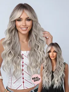 26-Inch Heat-Resistant Synthetic Wig, Lazy French Long Waves, Women's Daily Wear, Party Use, Curly, with Bangs, All Seasons