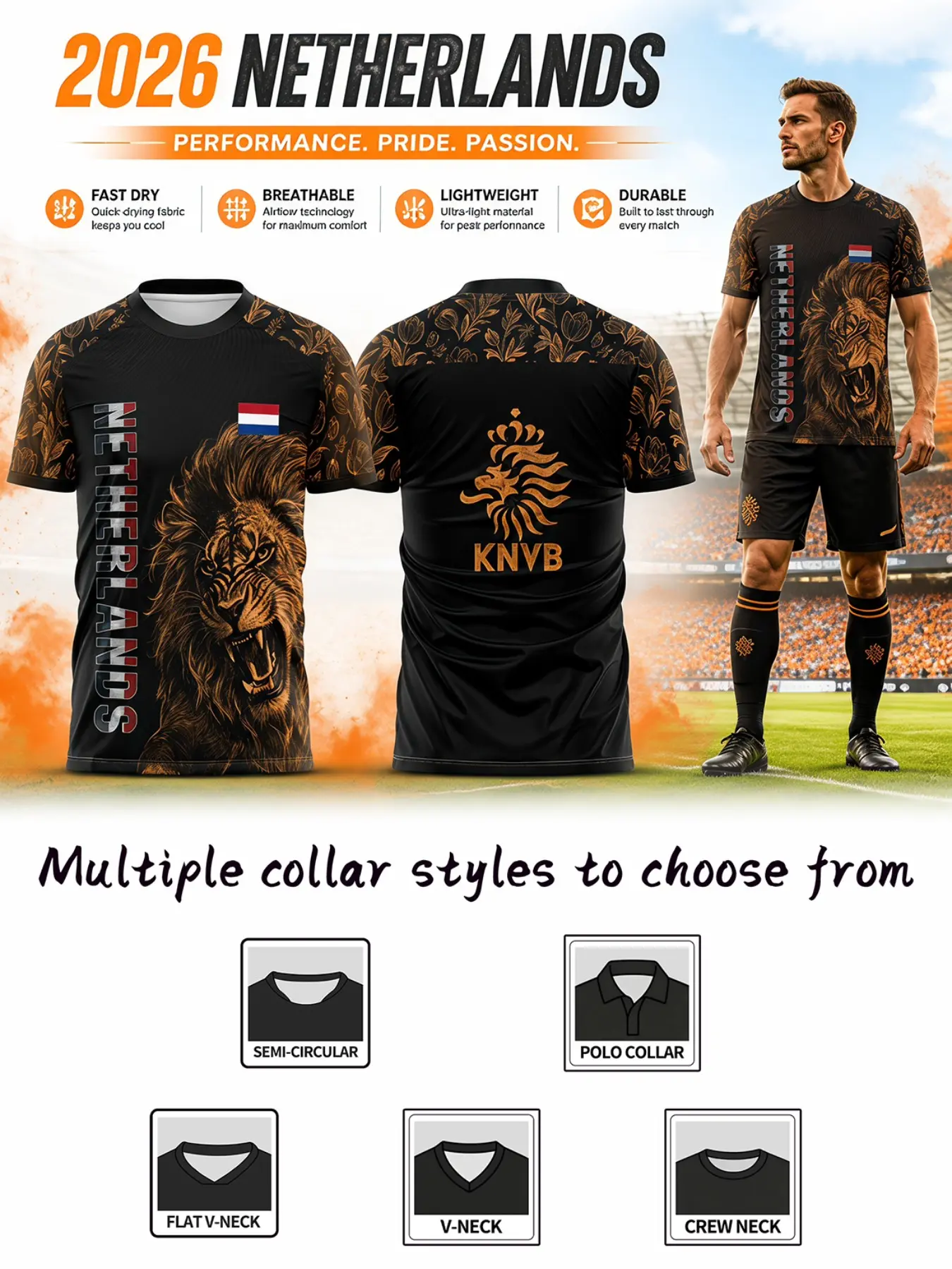 2026 Netherlands Fan Football Jersey, Tulip Flower and Lion Emblem Design, Breathable Sportswear, Short Sleeve T-Shirt for Fans