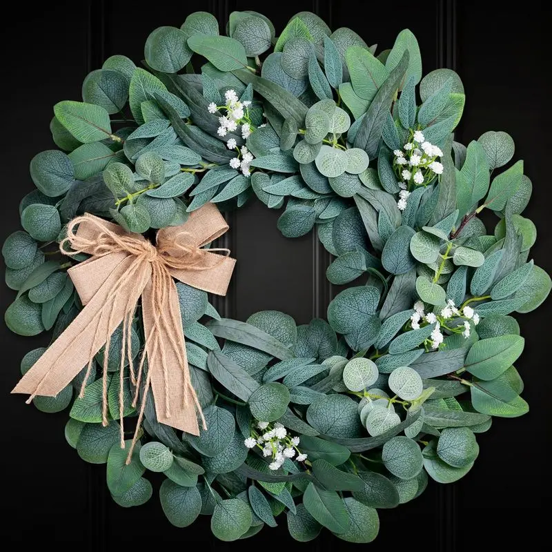 20 Inch Eucalyptus Wreath for Front Door All Season, Spring Summer Silk Greenery Wreath with Burlap Bow, Modern Farmhouse Everyday Home Decor for Wall Window Porch