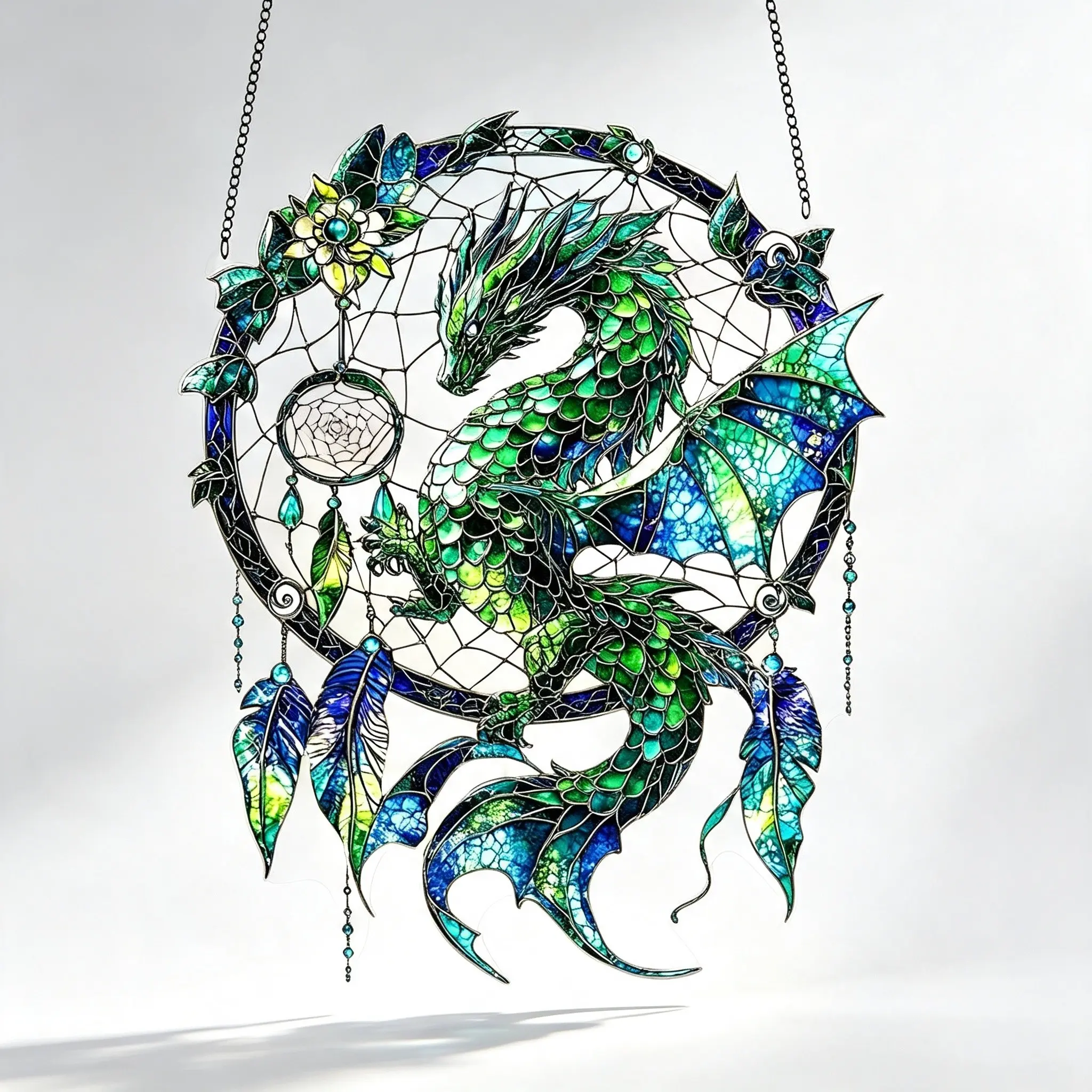 Keep bad dreams away and let this green dragon guard your sleep 🌙🍃 A genius design combining a dreamcatcher and a dragon acrylic hanging. The feathers glow clearly when backlit. Hang it by your bedroom window for mystical vibes and a touch of luxury.