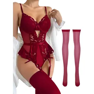 New Sexy Stocking Lace Mesh Bodysuit Top Underwire Garter Lingerie Set 3 Piece