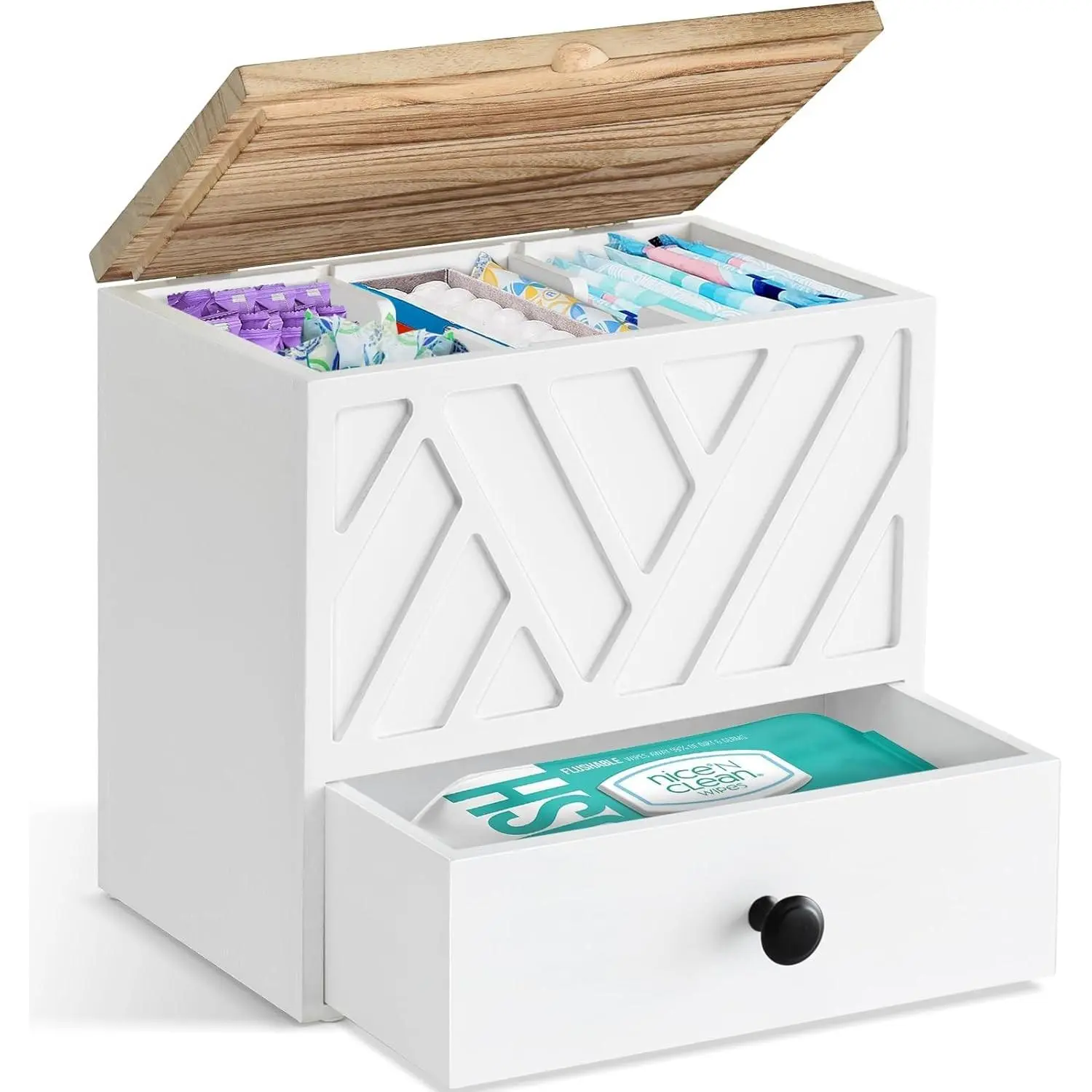 Wood Tampon Holder with Lid and Drawer, Feminine Product Organizer for Shark Week Tampon Storage, Bathroom Toilet Accessories Box for Girl Stuff