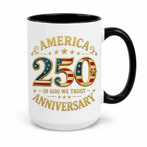 "In God We Trust" America 250th Anniversary Mug |   11oz 15oz Black Accent Ceramic Cup |   US Patriotic Semiquincentennia