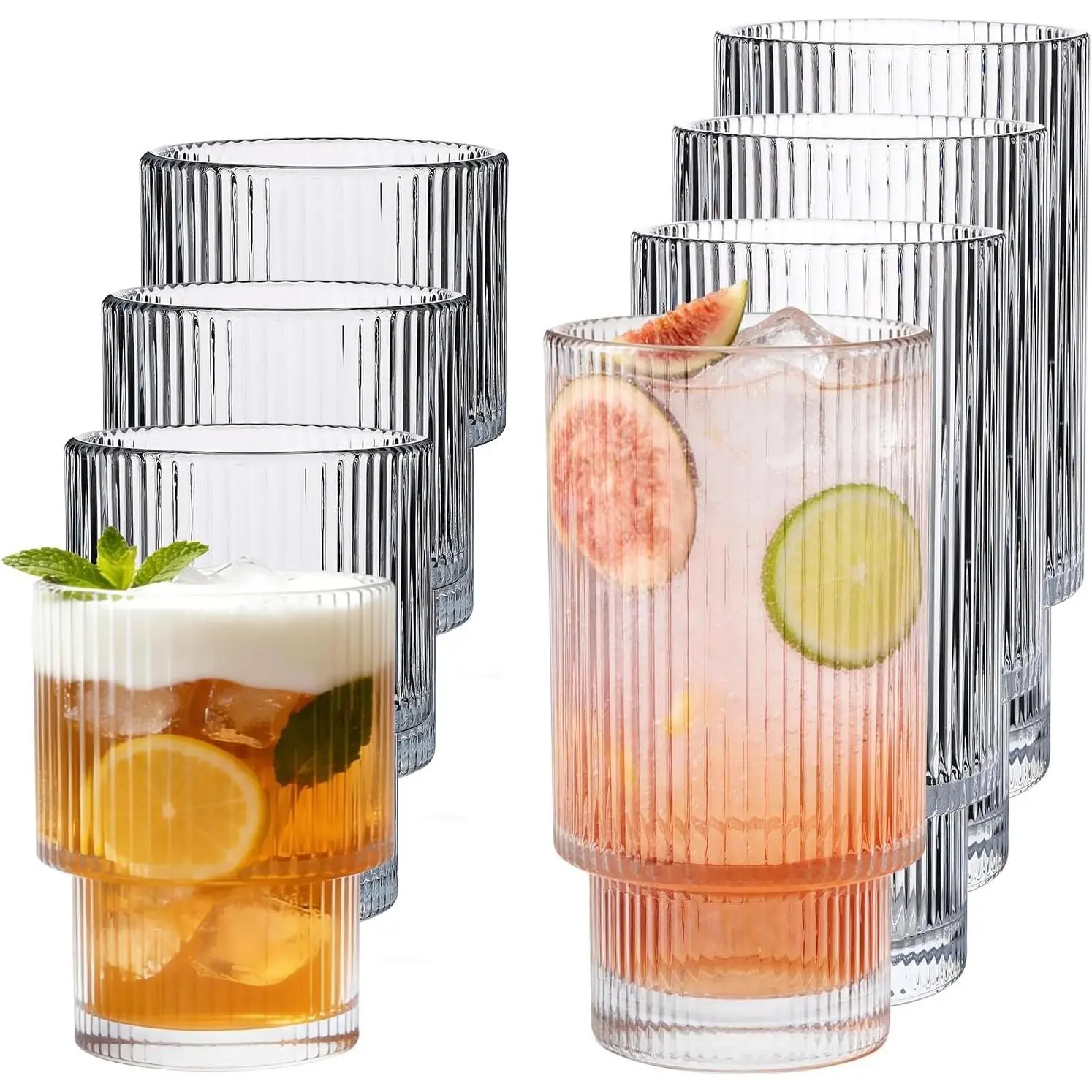 Ribbed Glass Cups Set of 8, Stackable Fluted Drinking Glasses 16oz & 7oz