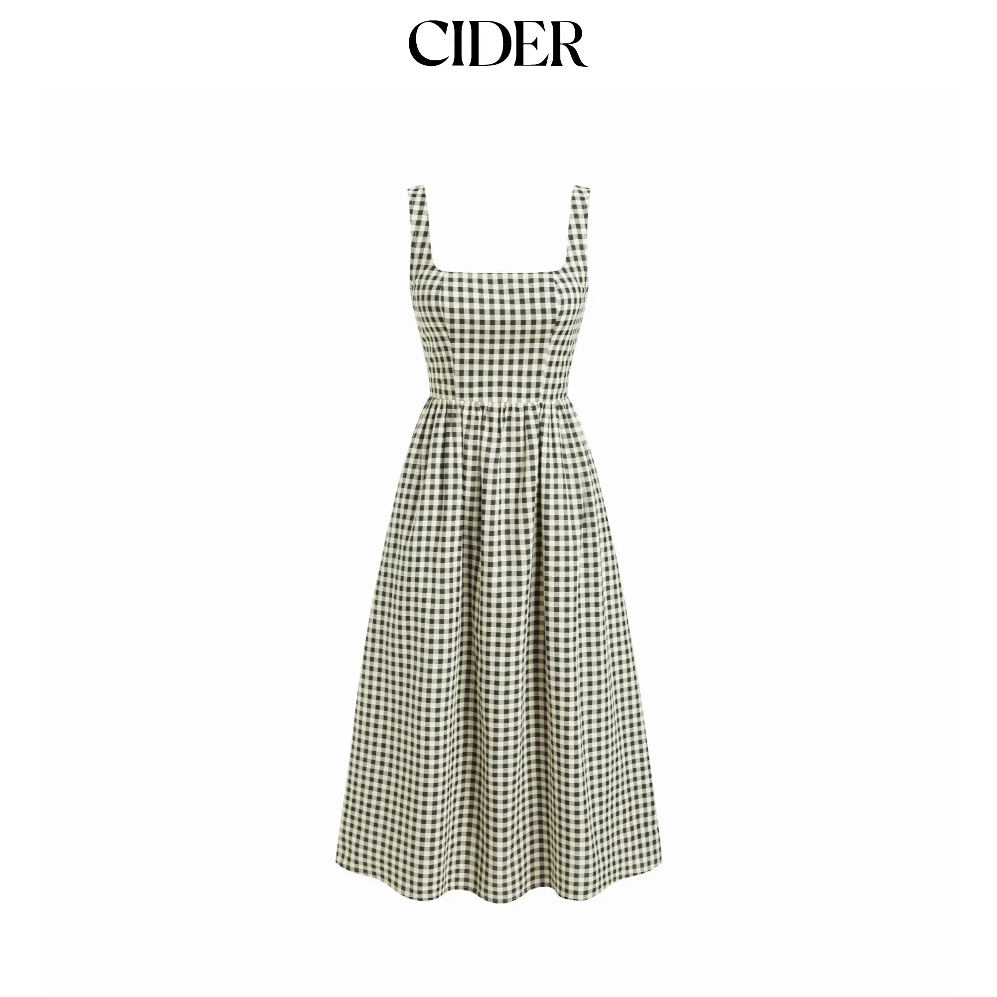 Cider Cotton-blend Square Neck Gingham A-line Maxi Dress