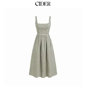 Cider Cotton-blend Square Neck Gingham A-line Maxi Dress