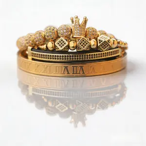 Roman Letter Copper Inlaid Zircon Crown Braided Bracelet Set Vintage Titanium Steel Mesh Open Bangle Combination