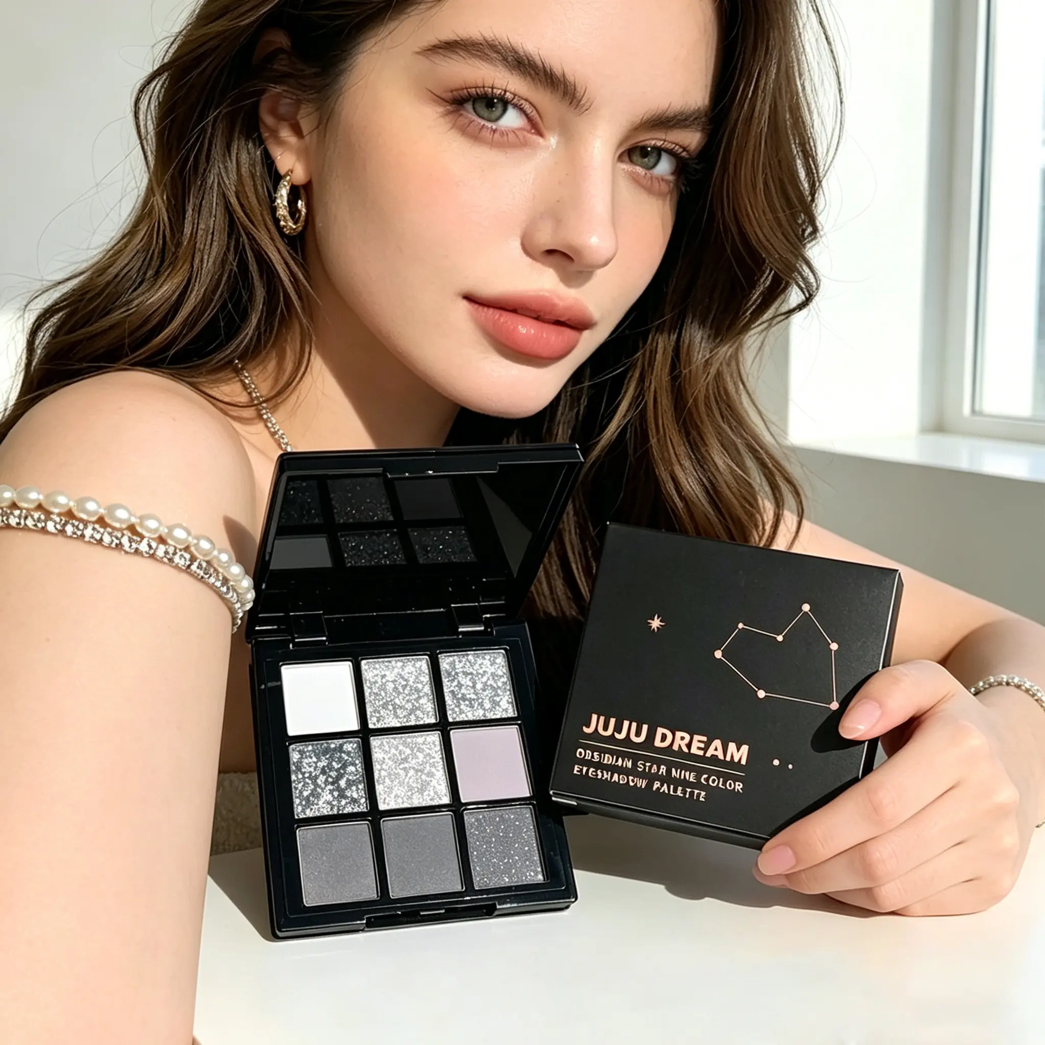 JUJU DREAM 9 Shades Cool Grey Smoky Eyeshadow Palette, Ultra-smooth fine powder with waterproof long-lasting anti-smudge formula, minimal flyaway & easy to blend, create edgy grunge smoky eye, cold Y2K cyber eye & dazzling silver glitter party eye looks