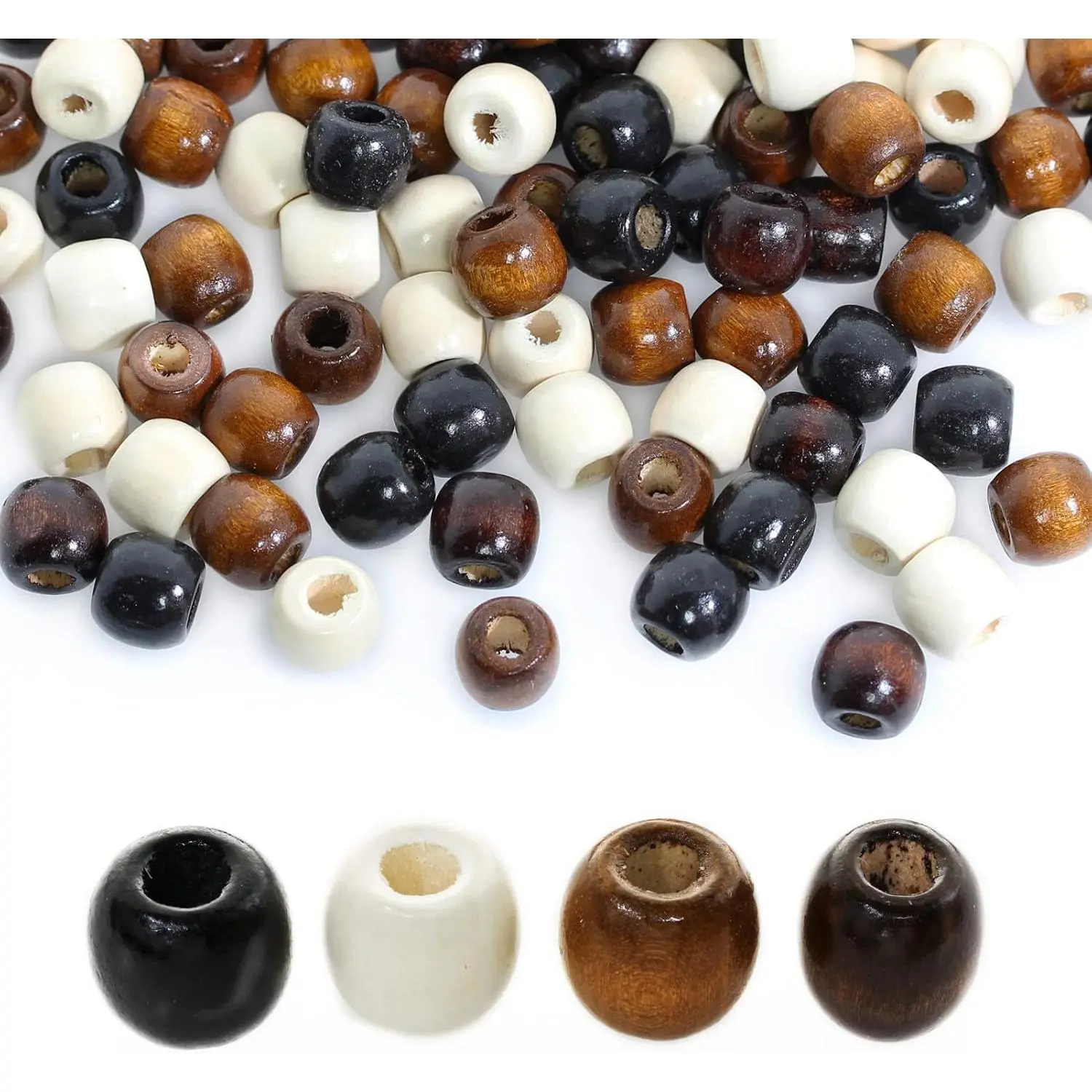100 count Large Hole Barrel  Beads,  4 Colors  Wooden Dreadlock Hair Braid Beads 16x17mm for Macrame Rosary Bracelet  Craft Making