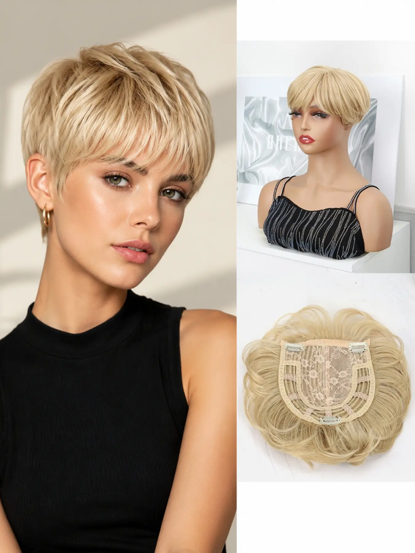 Synthetic Hair Topper with Bangs Clip In Hair Piece Natural Looking Short Hair Extension Volume Boosting Crown Topper for Women
