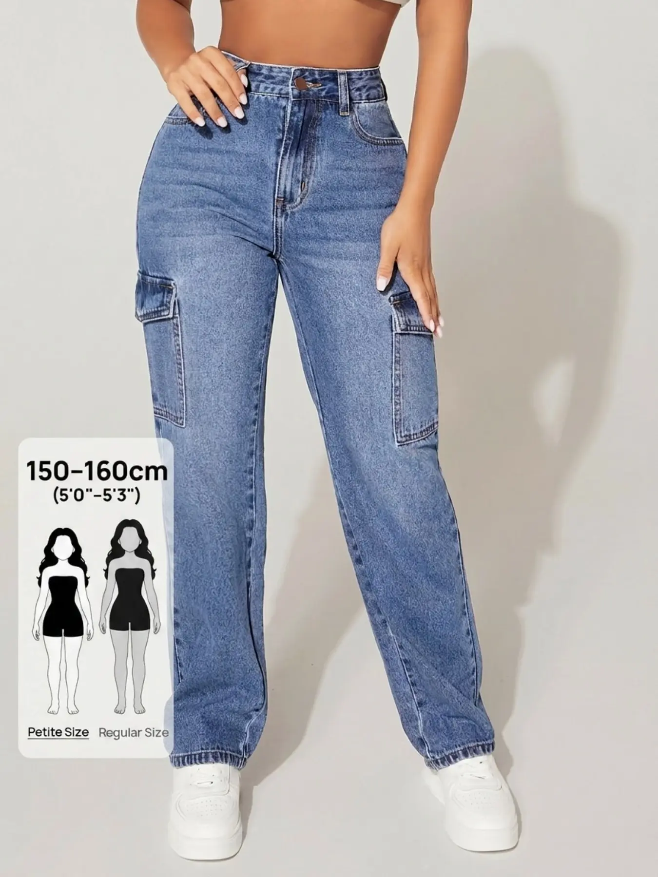 Vintage Washed Blue Petite Workwear Jeans, High Waist Slim Fit Side Pockets, Cuffed Leg Long Pants for Short Stature Women