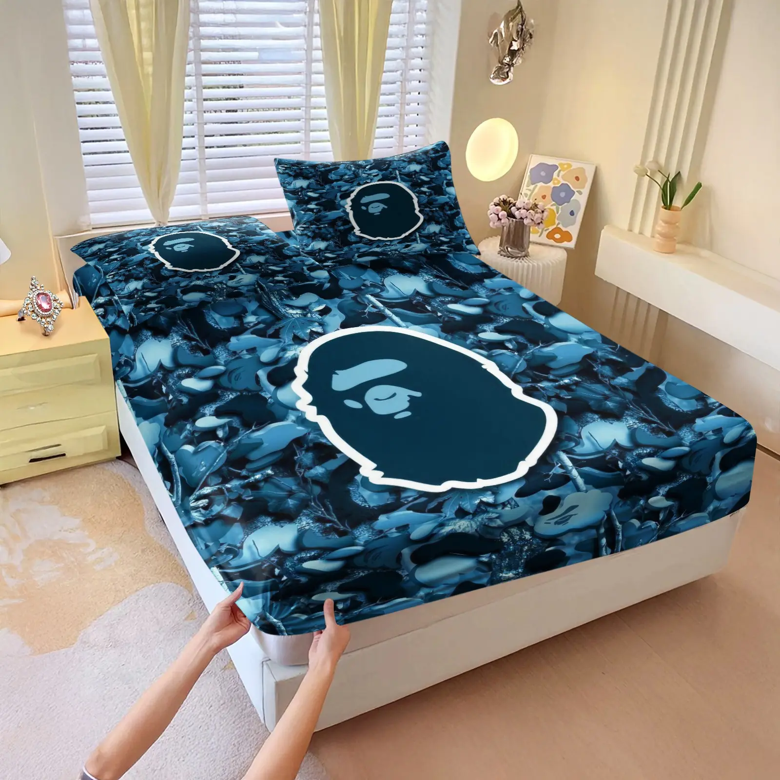 Vintage Jungle Camo Random Cartoon Monkey Face Print 3‑Piece Fitted Sheet Set, No Filling Included, Stretch Bedding Set, Retro Street Decor for Streetwear Hobbyist City Studio, Teen Guy Edgy Apartment, Shared Animal Camo Bedroom