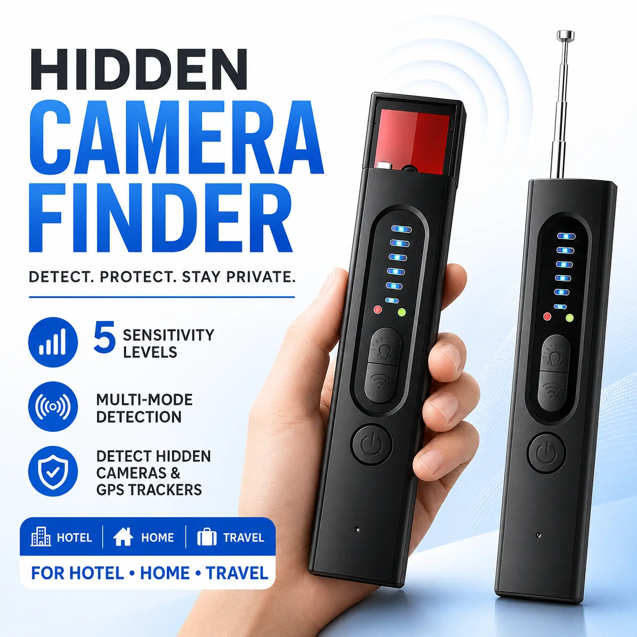 Compact Hidden Camera Finder & GPS Tracker Detector with 5 Adjustable Sensitivity Levels, Multi-Mode Privacy Scanner for Detecting Suspicious Cameras and Tracking Devices in Hotels, Offices, Homes, Vehicles and Travel Settings
