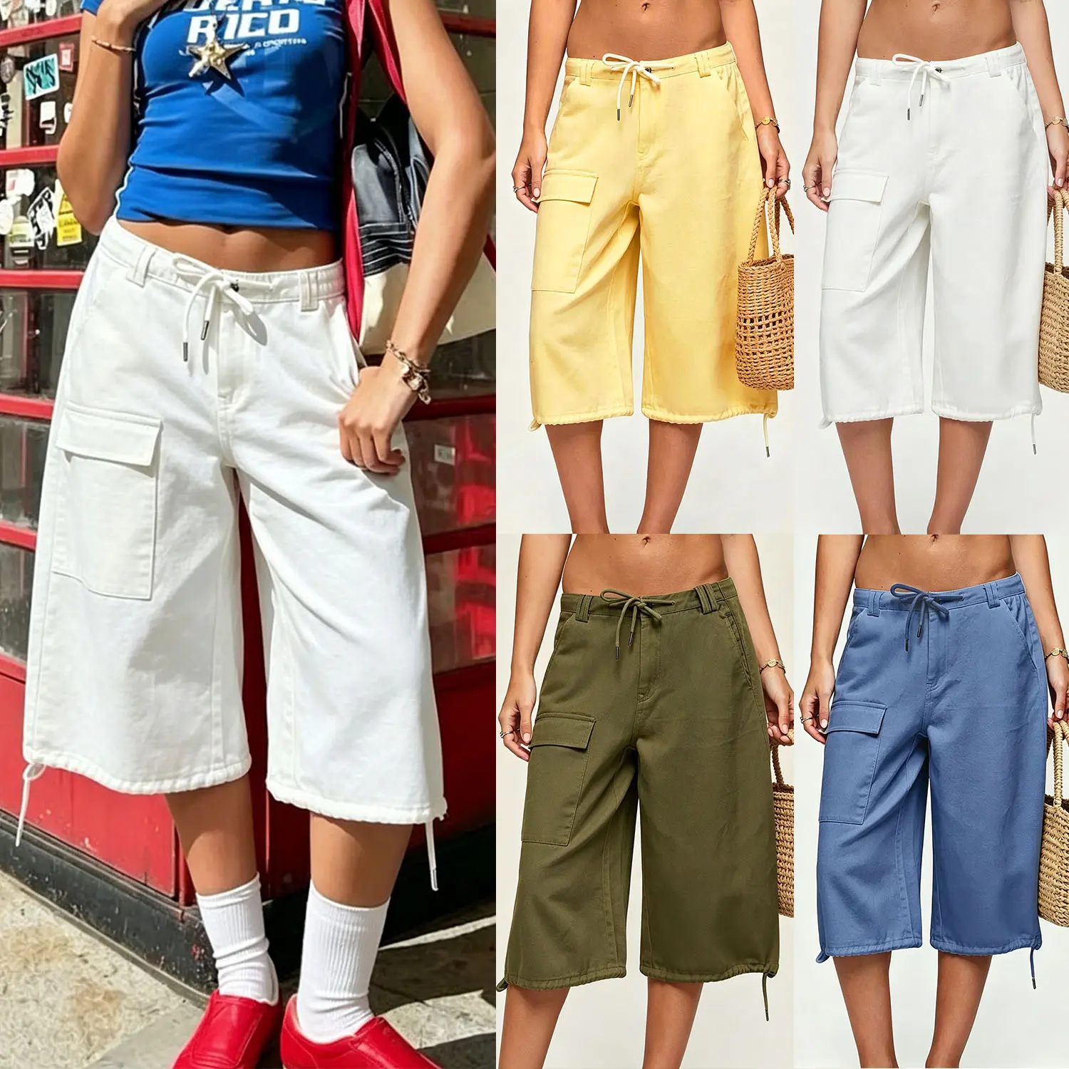 Women's Lightweight Comfy Soft Basic Fit Drawstring Cargo Culottes - Casual Wide Leg Capri Cropped Denim Bermuda Pants with Adjustable Waist & Hem Pockets, Breathable, Loose, Cargo Style, Adjustable Drawstring
