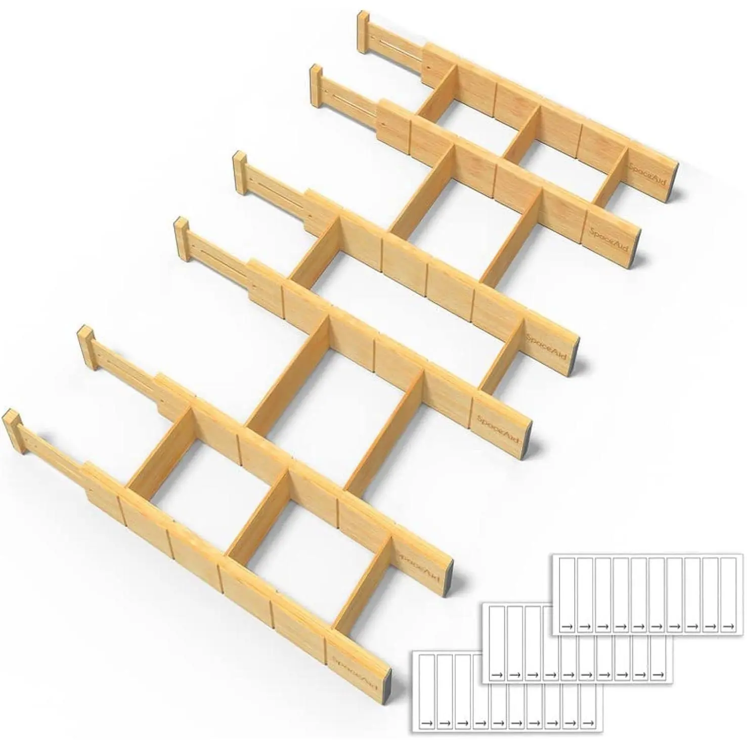 Drawer Dividers with Inserts and Labels, Kitchen Adjustable Drawer Organizers, Expandable Organization for , Office, Dressers and Bathroom, 6 Dividers with 12 Inserts (17-22 in)