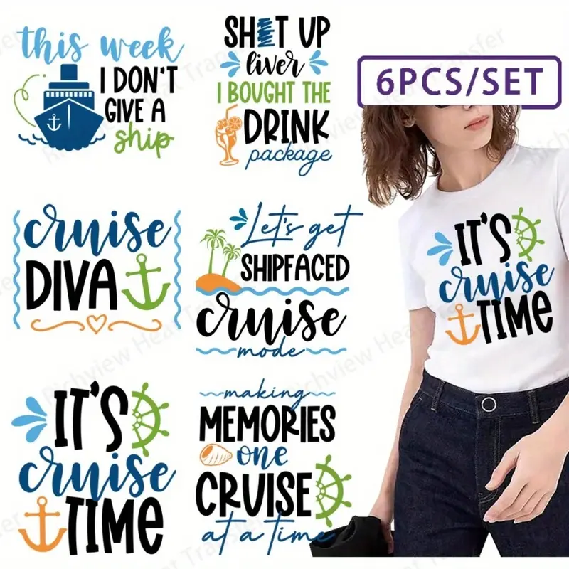 6 Pack Ocean Boat Heat Transfer Printed Iron-On Patches Washable Fabric Appliques for Clothing Decoration