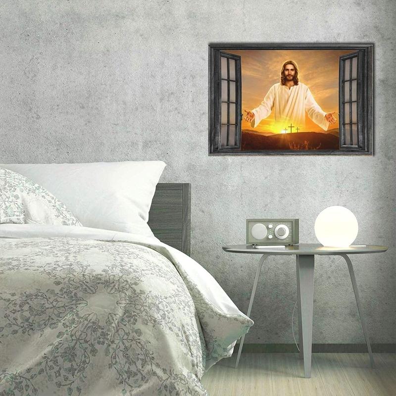 1 Count Jesus Christ Canvas Wall Art Jesus Greets You Welcome Back Window View Sunset Poster Christian Religious Modern Artwork Christ Spiritual Prints Framed Wall Decor For Bedroom Living Room 16x24inch