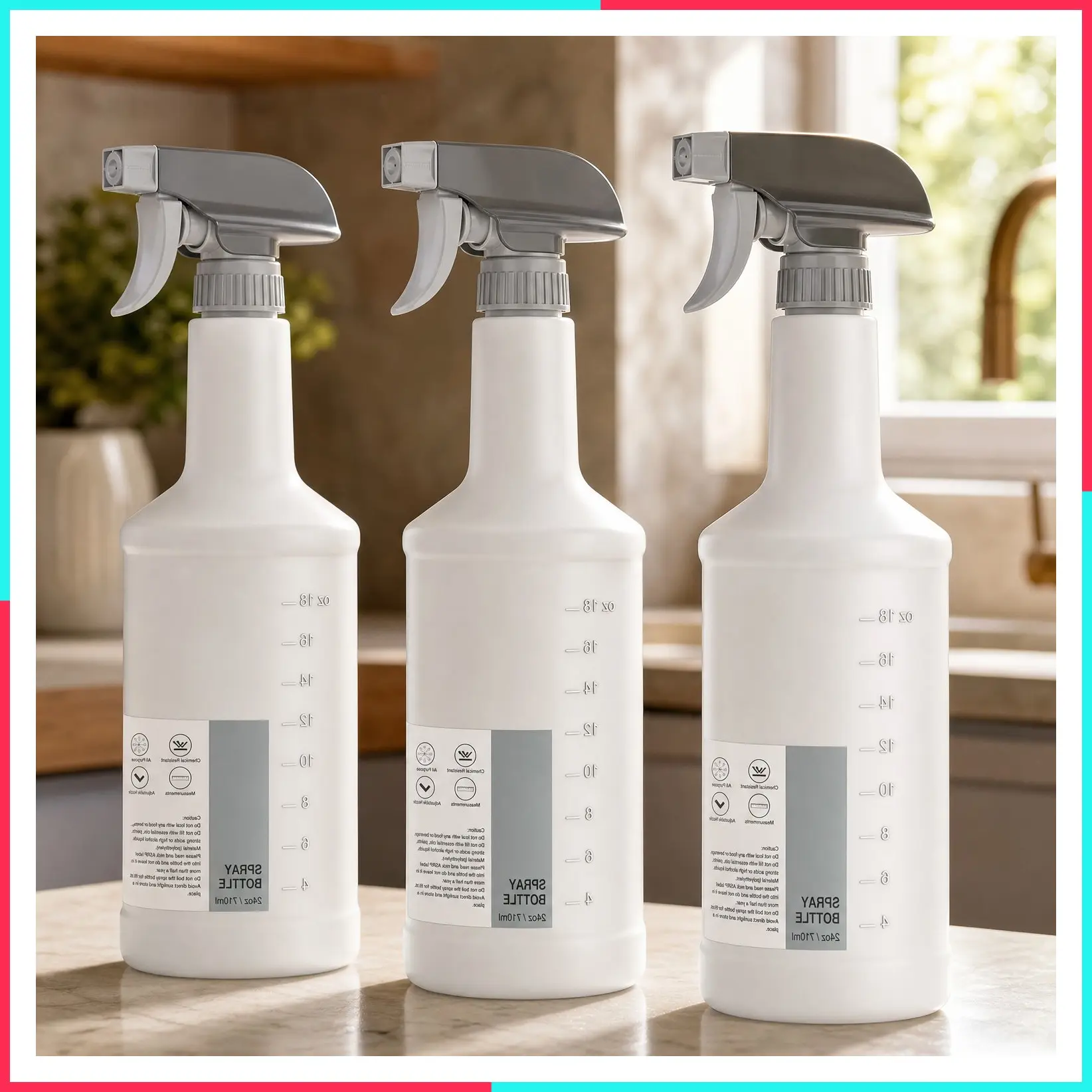 24 oz Empty Plastic Spray Bottles for Cleaning Solutions, 3 Pack, Heavy Duty Reusable Household Spray Bottles with Measurements and Adjustable Leak-Proof Nozzle