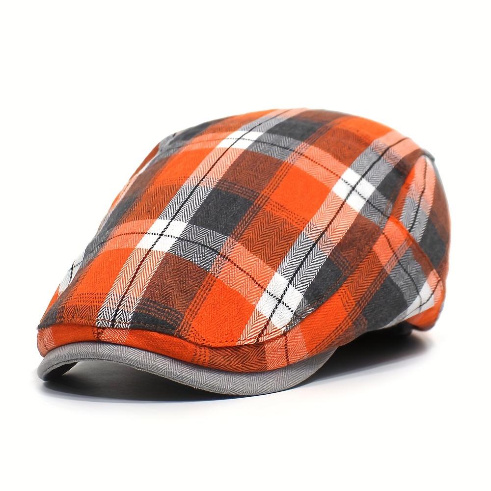 Vintage Plaid Beret Hat for Women & Men - Lightweight Summer British Style Casual Cap, Hand Washable, Orange Check Pattern, Beret Ca
