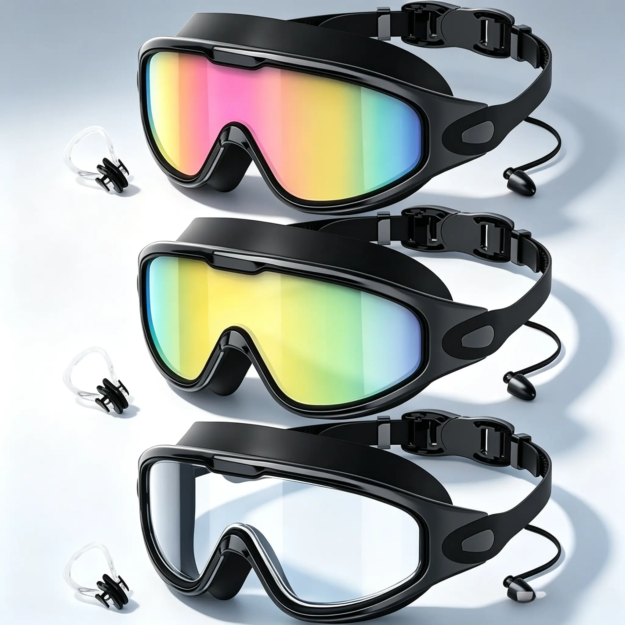 3 Pack Adult Swim Goggles Set with Nose Clips, Leakproof Silicone Seal, Wide View Lenses with Anti-Fog & UV400 Protection, Adults, Goggles With Nose Cover, Unisex, Uv Resistant