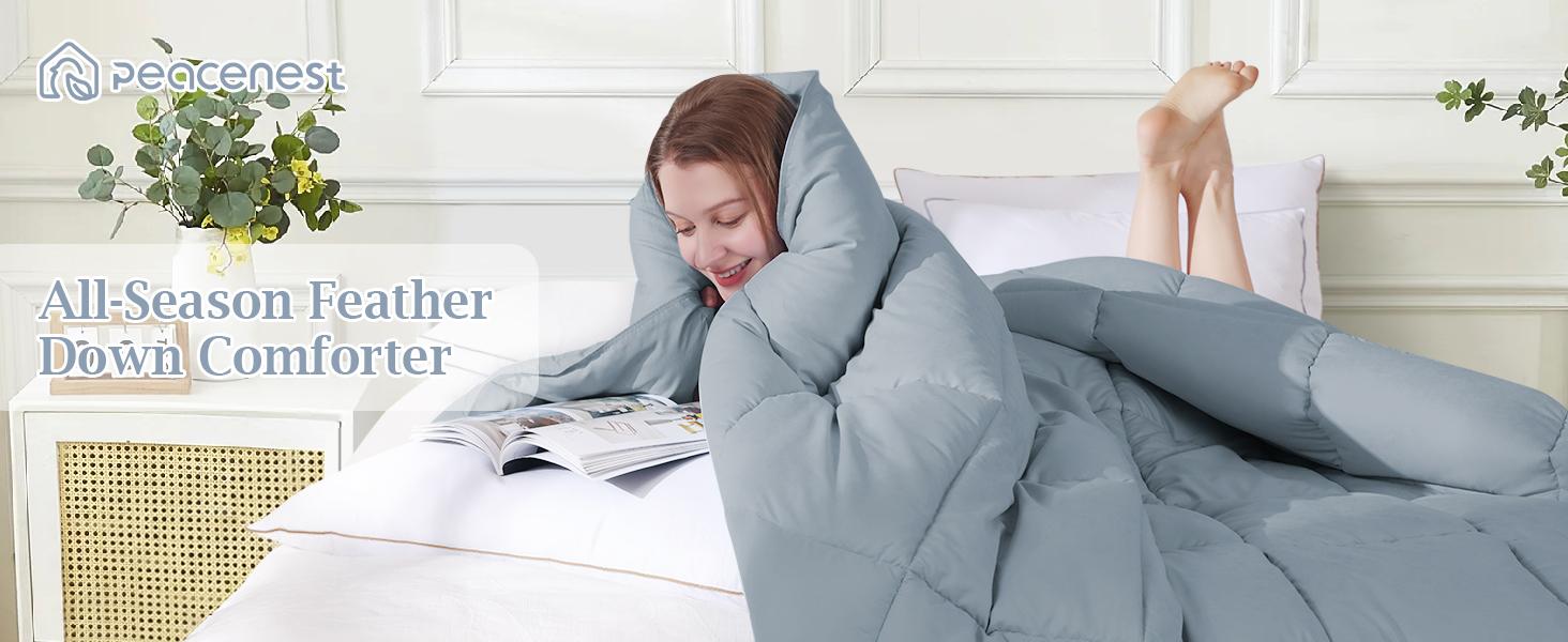 King Size Goose Feather Fiber and Down Comforter Duvet Insert All Season Hotel Luxury Bedding Comforters Soft Medium Warmth 88x104 Inches Light Grey