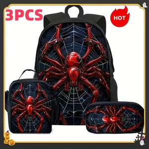 3-piece set with spider print, unisex polyester fiber large-capacity backpack with a square pencil case, adjustable shoulder straps, double zipper, animal-themed design, suitable for commuting, travel, and outdoor use, portable and foldable design, fashio