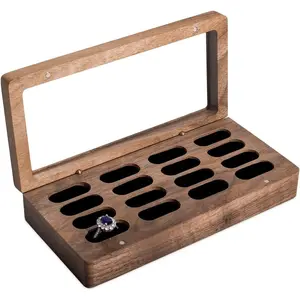 Luxury Solid Walnut  Ring Box with Glass Window - Ring case  Tray  Organizer for Rings, Studs & Earrings - Ideal for Store Display,  Showcases,  Use &  Ideas