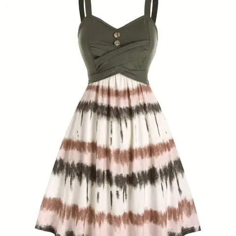 [Plus Size] Striped Print Dress, Elegant Casual Chic Sleeveless A Line Dress for Beach Holiday Vacation, Women's Clothes for Summer, Womenswear, Casual Dresses, Casual Elegant Classy, Casual Beach Sundress, Beach Style Dress