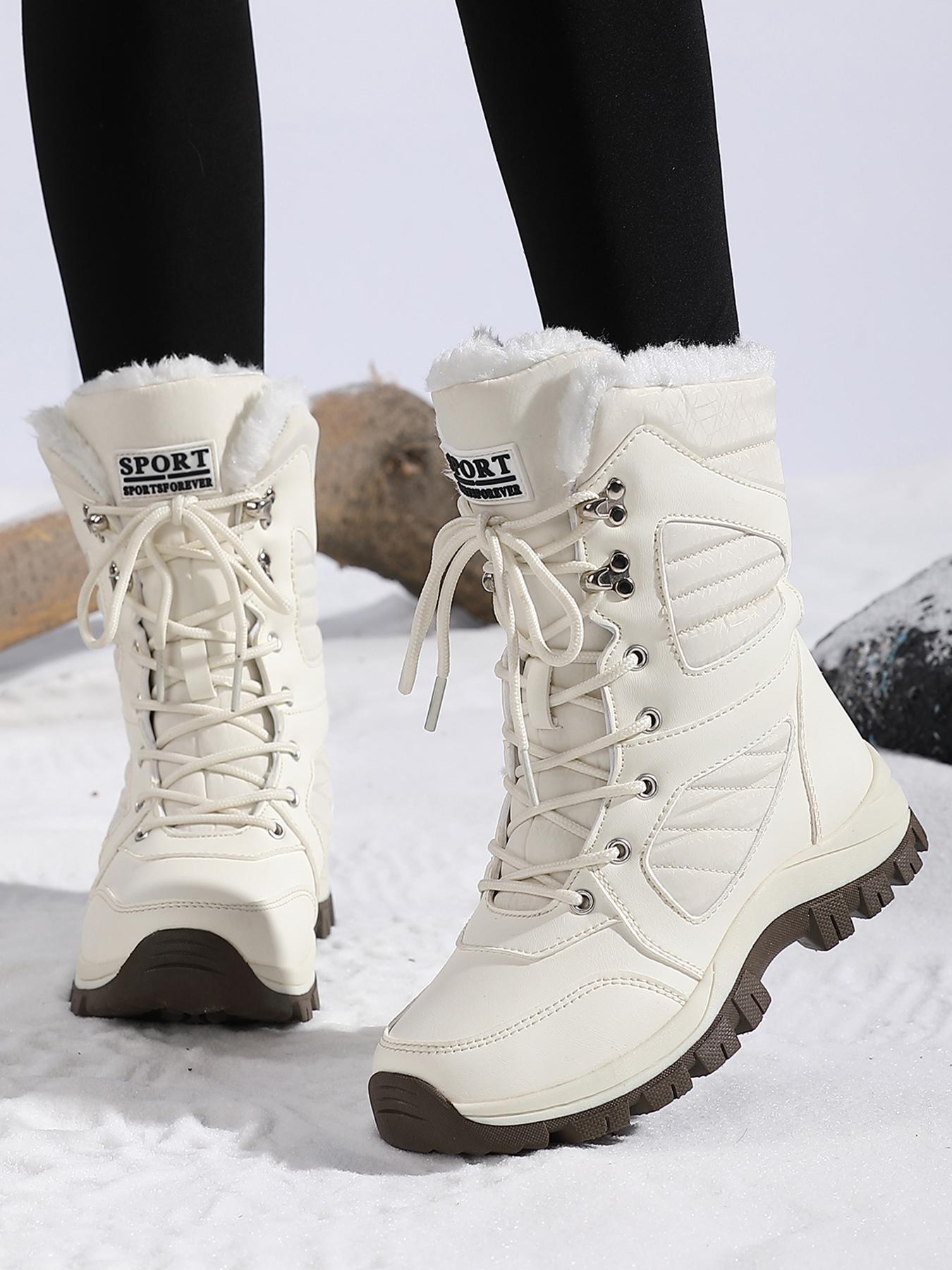 Women's Solid Color Plush Lined Thick-Soled Lace Up Snow Boots Winter Booties, Thermal Warm Casual Sporty Comfortable Outdoor Sports Boots for Fall & Winter, Female All-match Round Toe Shoes for Daily Wear