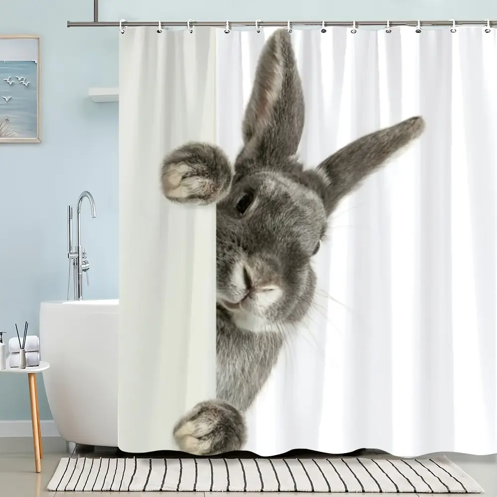 Plastic Funny Bunny Animal Design Shower Curtain, Easter Gift, Simple Fashion Bathroom Decor with Hooks, Animal Design Shower Curtains
