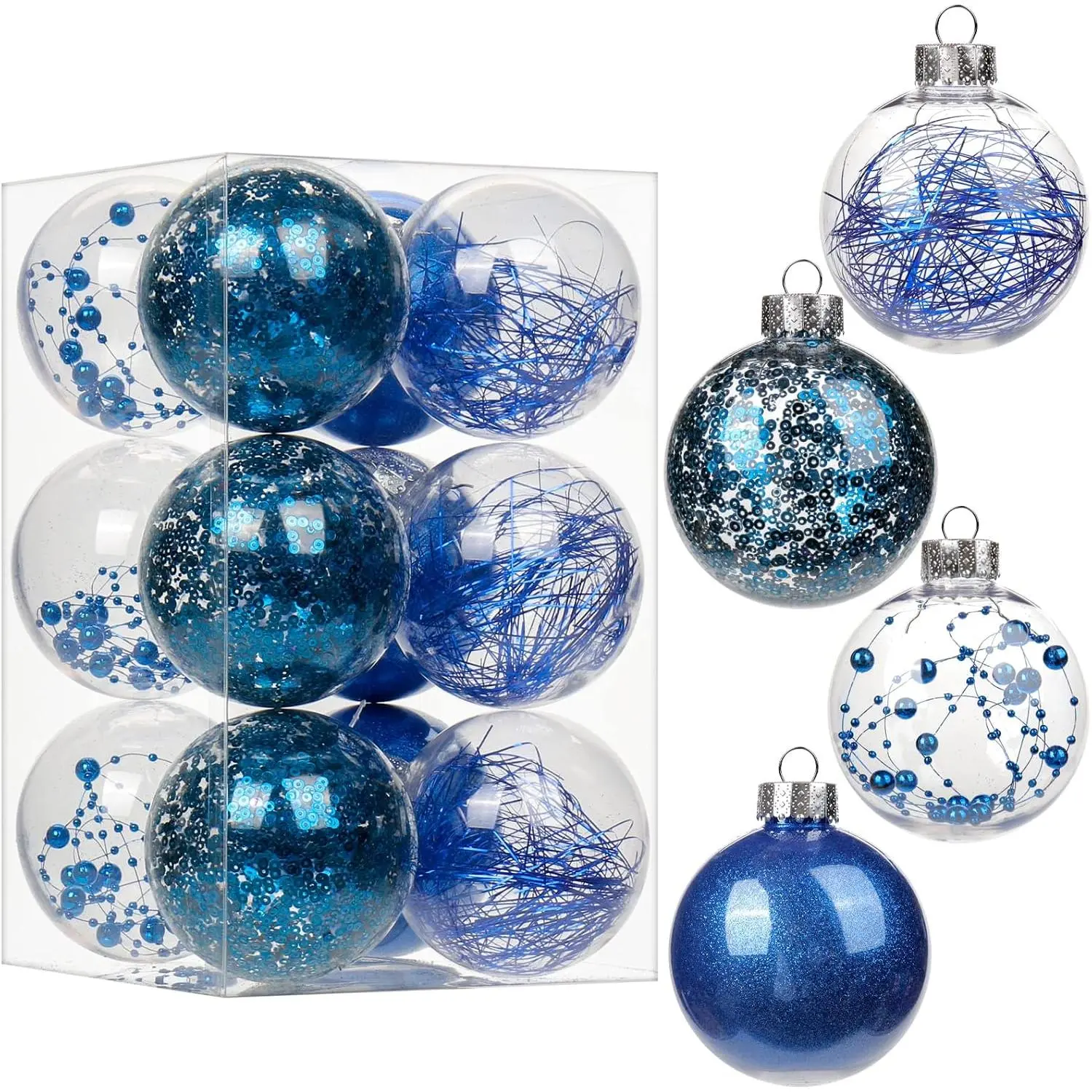 80mm/3.15" Shatterproof Clear Plastic Christmas Ball Ornaments Decorative Transparent Xmas Balls Baubles Set with Stuffed Delicate Decor  Christmas Tree Ornaments(12 Counts, Blue)