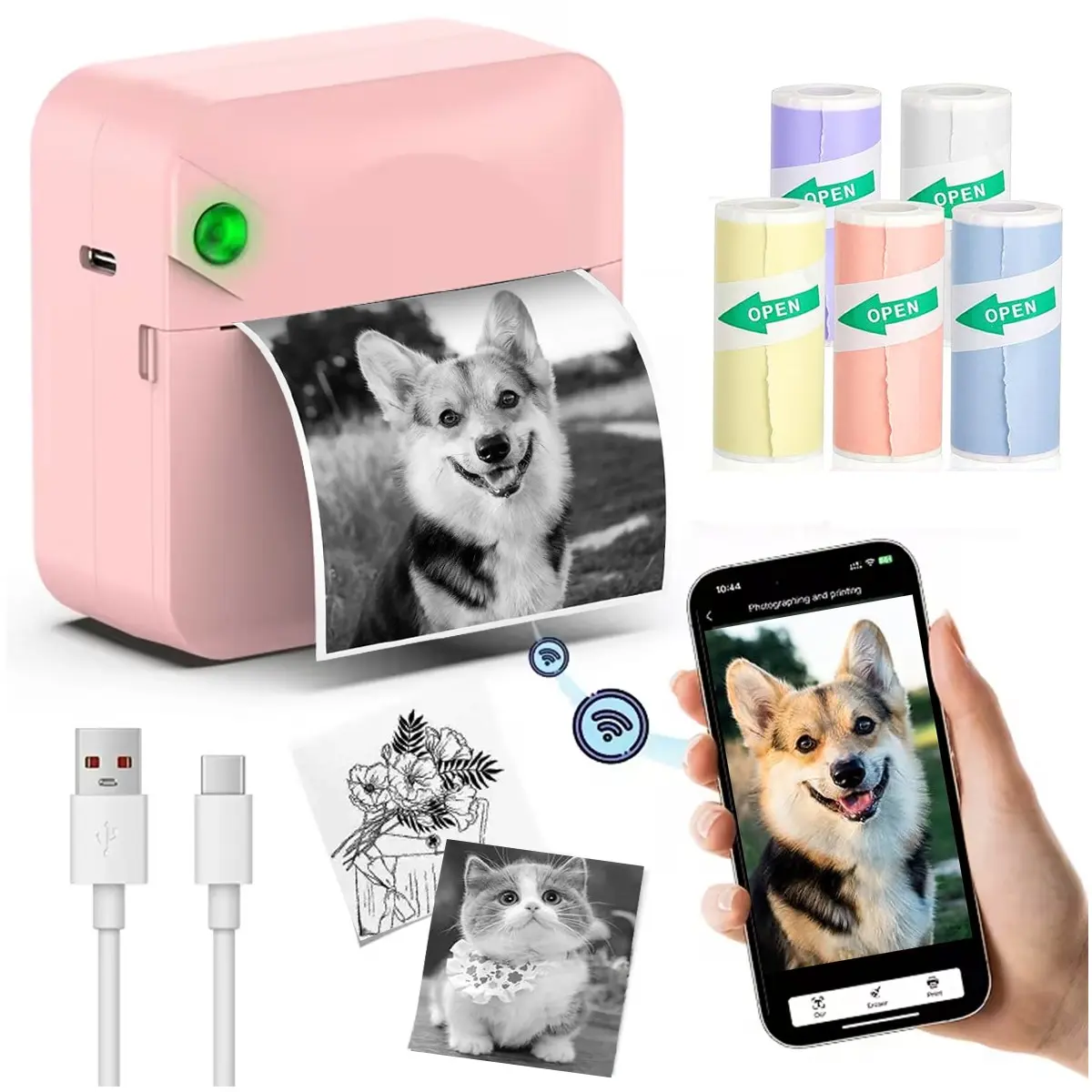 Wireless Mini Printer Portable Inkless Sticker Maker with 5 Rolls 200dpi High-Resolution USB Rechargeable for Photos Notes Journals DIY Gifts